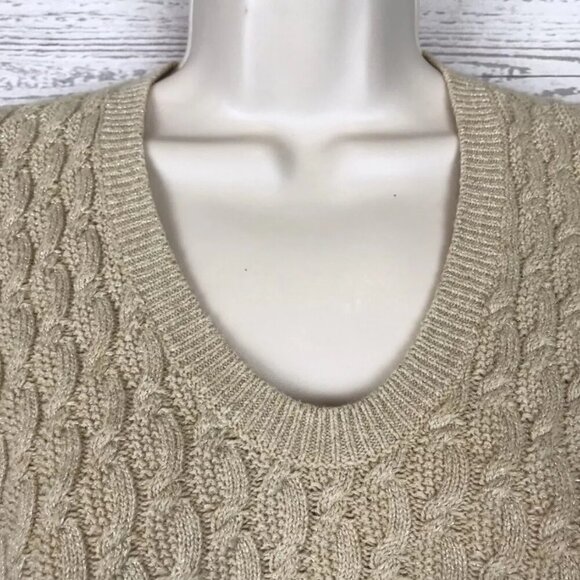 Lands End Metallic Cable Knit V-Neck Sweater Women’s M Gold Long Sleeve Pullover - Picture 2 of 7